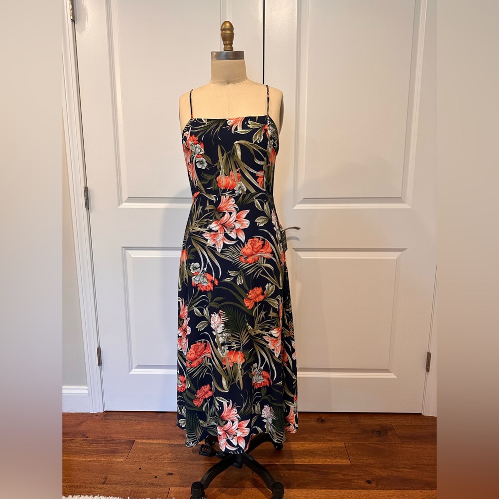 Tropical print midi tie back dress